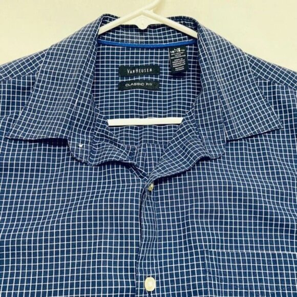 Van Heusen Shirt Men's Large Short Sleeve Classic Fit Button Down Navy Grid EUC - Picture 5 of 5